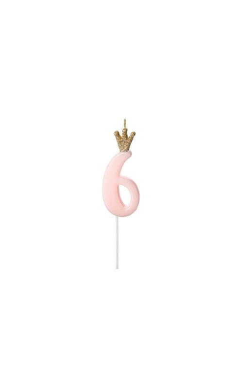 Świeczka urodzinowa cyfra 6 z koroną różowa, 9,5 cm