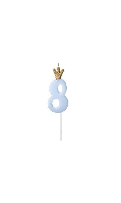Świeczka urodzinowa cyfra 8 z koroną niebieska, 9,5 cm