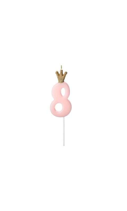 Świeczka urodzinowa cyfra 8 z koroną różowa, 9,5 cm