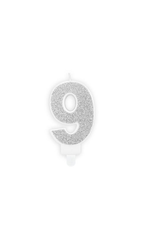 Świeczka urodzinowa cyfra 9 srebrna, 7 cm
