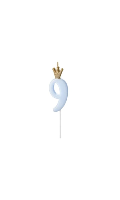 Świeczka urodzinowa cyfra 9 z koroną niebieska, 9,5 cm