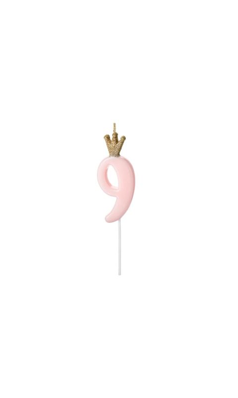 Świeczka urodzinowa cyfra 9 z koroną różowa, 9,5 cm