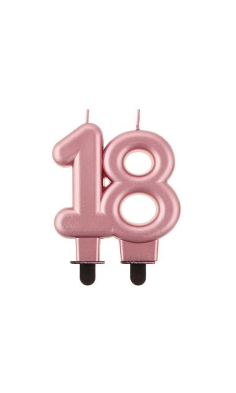 Świeczka urodzinowa metaliczna liczba 18 różowe złoto, 8 cm