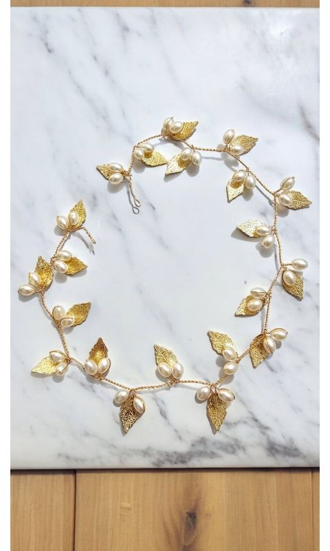 Gałązka ślubna - złote listki i perły