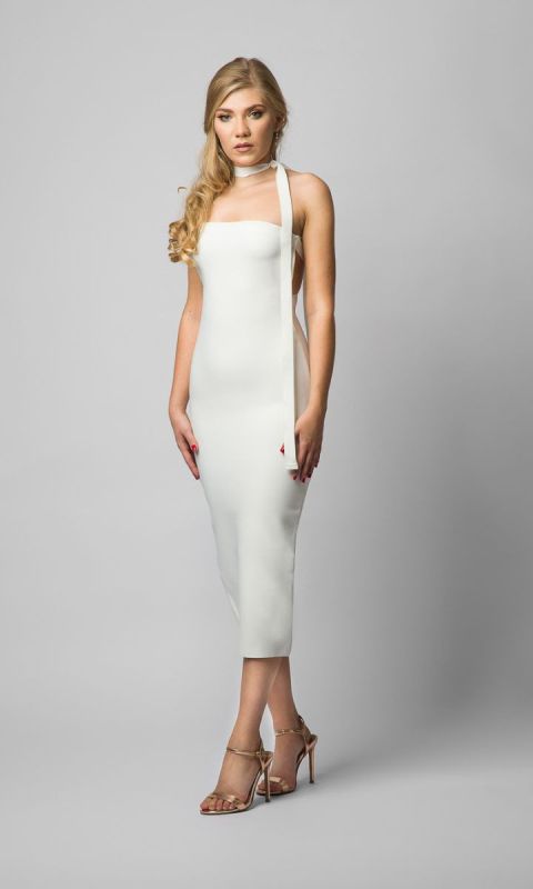 Felicia || Biała sukienka z wiązaniem na szyi L