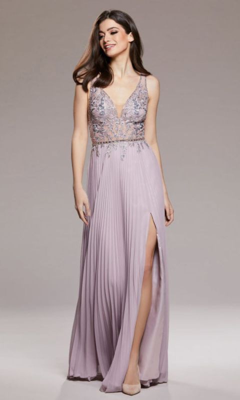 Suknia wieczorowa z plisowaną spódnicą i wąskimi ramiączkami w kolorze fioletowym