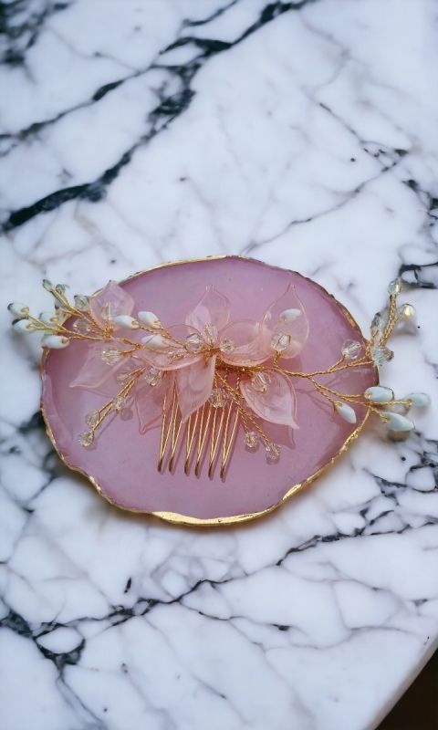 Grzebyk do włosów złoty z różowymi kwiatami