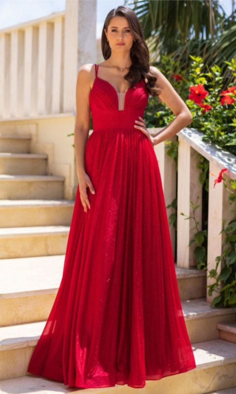 Błyszcząca suknia wieczorowa ze sznurowaniem z tyłu w kolorze Glitter Rio Red