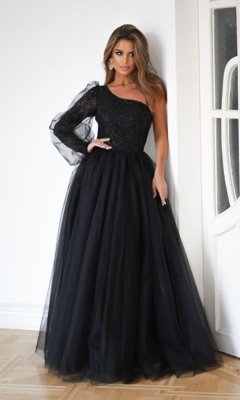 Sukienka tiulowa z jednym rękawem - czarna