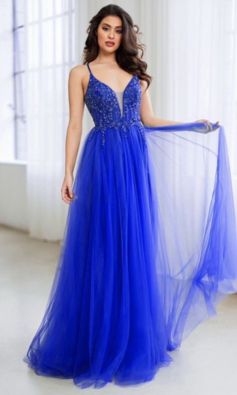 Koronkowa suknia wieczorowa z tiulu w kolorze Palace Blue
