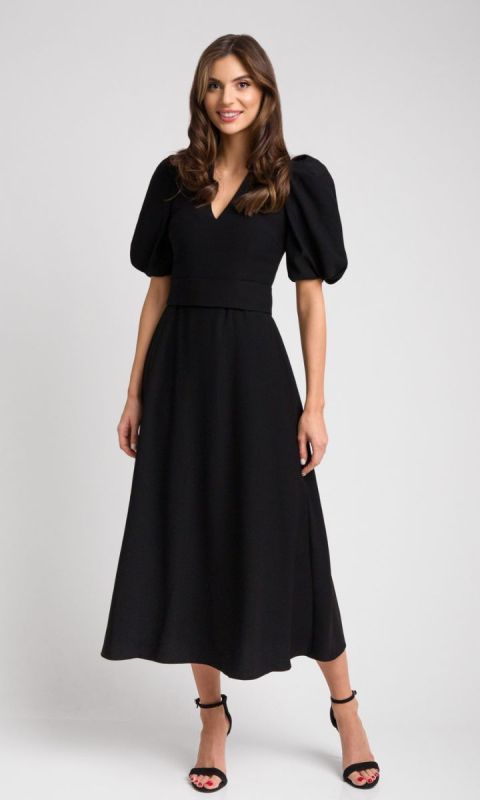 Czarna sukienka midi z bufiastym rękawem Icon