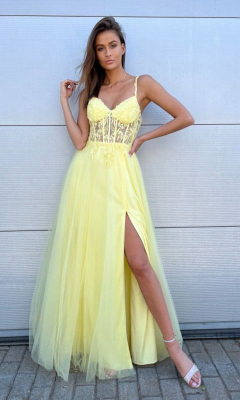 Tiulowa suknia wieczorowa ze sznurowaniem w kolorze Sunshine Yellow