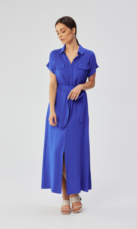 Sukienka koszulowa maxi z guzikami-niebieska