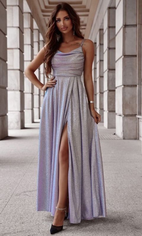 Brokatowa suknia z wiązaniem lux błękit-róż