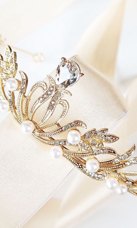 ZŁOTA korona diadem tiara z perłami delikatna listki elegancka ŚLUBNA deko
