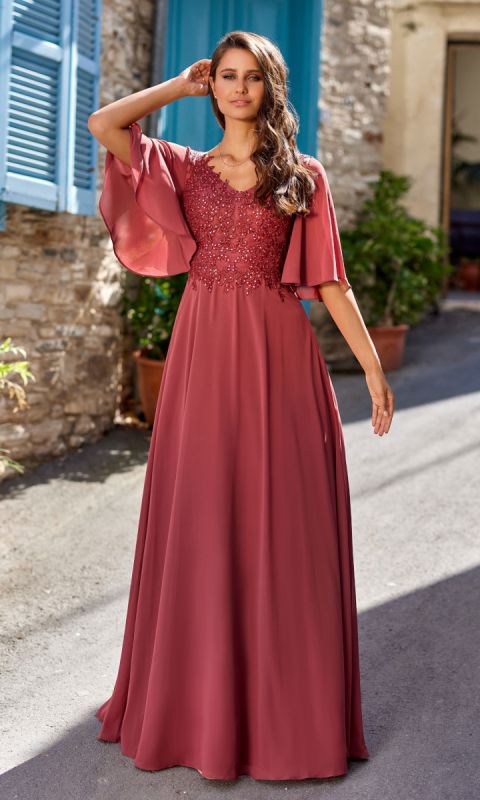 Szyfonowa suknia wieczorowa z rękawami w kolorze Marsala Red