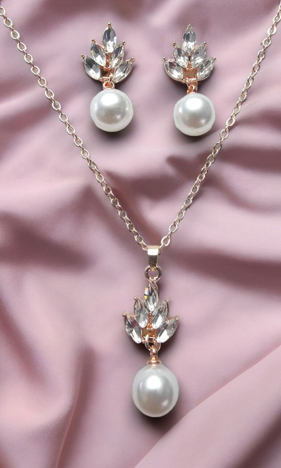 Komplet Biżuterii Ślubnej, Cyrkonie i Perła, rose gold, różowe złoto, ROSITA Komplet Biżuterii Ślubnej, Cyrkonie i Perła, rose gold, różowe złoto, ROSITA