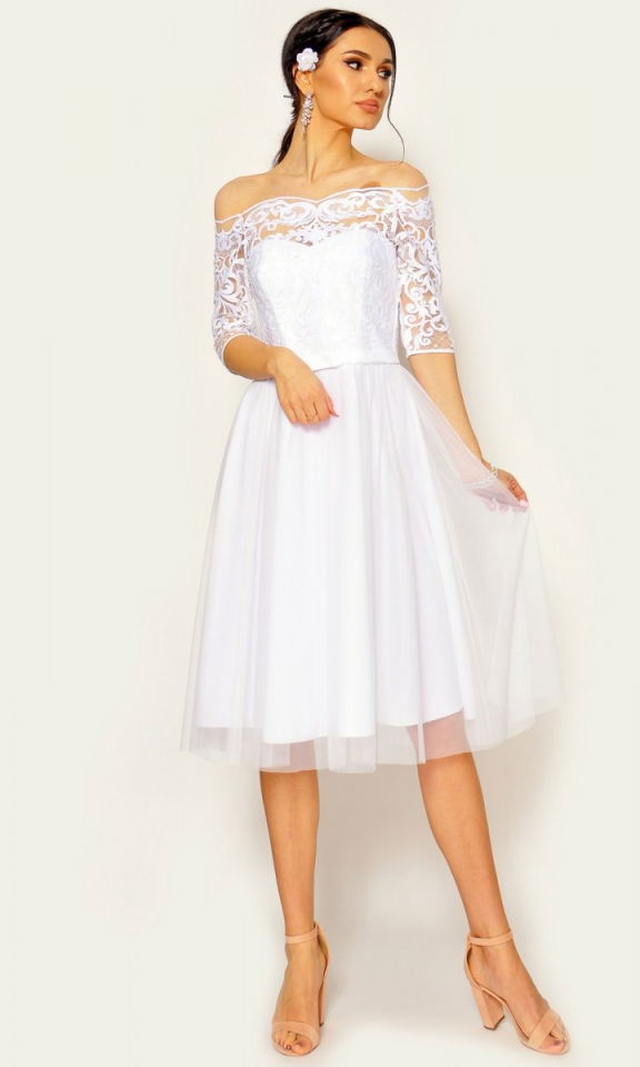 M&M - Biała sukienka midi z hiszpańskim dekoltem w przystępnej cenie  Model: ZF-6167