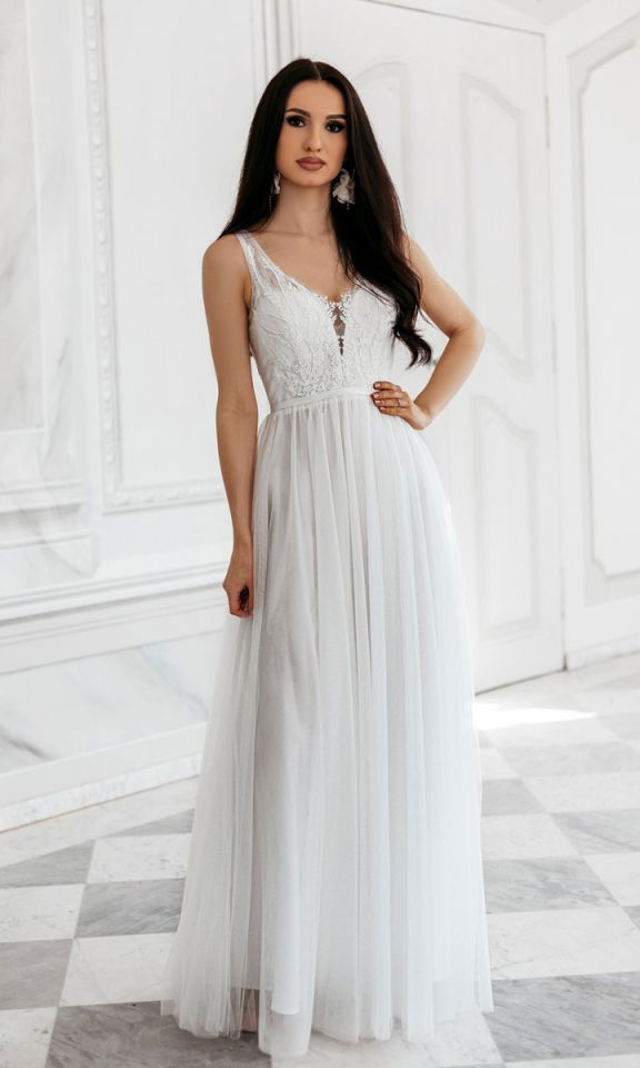 M&M - Niepowtarzalna suknia ślubna z motywem kwiatowym oraz tiulowym dołem. Model: PW-6951 - Rozmiar: 34(XS)