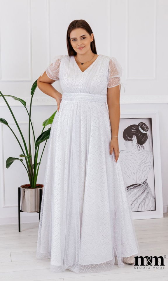 M&M - Sukienka maxi w kolorze białym z brokatowymi kuleczkami. MODEL:FC-7604 - Rozmiar: 44(XXL)