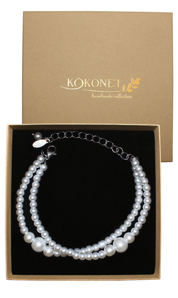 Perłowa bransoletka dwa rzędy przekładana robiona srebrna elegancka ślubna Perłowa bransoletka dwa rzędy przekładana robiona srebrna elegancka ślubna