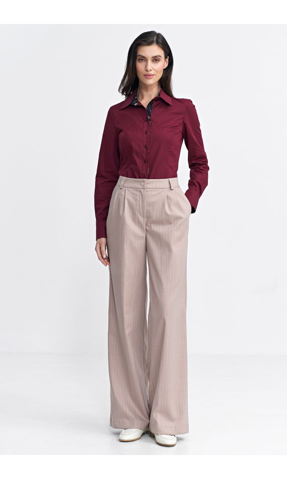 Spodnie z zakładkami, wide leg, prążek - beż 42 Spodnie z zakładkami, wide leg, prążek - beż 42