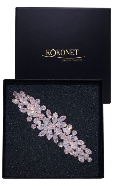 Spinka do ślubnej fryzury BŁYSZCZĄCA cyrkonie listki efektowna rose gold