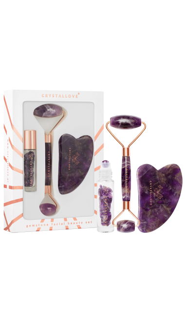 CRYSTALLOVE Amethyst beauty set : roller do twarzy + płytka gua sha + buteleczka roll-on