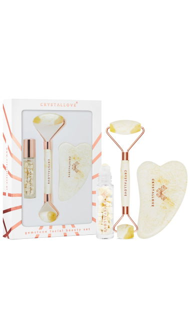 CRYSTALLOVE Milky amber beauty set: roller do twarzy z bursztynu mlecznego + płytka gua sha z bursztynu + buteleczka roll-on na olejki