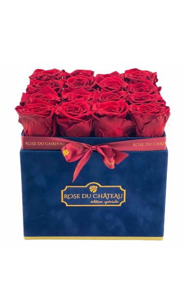 Czerwone Róże Wieczne w Granatowym Flokowanym Kwadratowym Boxie-1.jpg