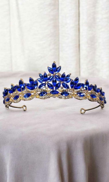 Diadem Ślubny złoty, tiara, korona z chabrowymi kamieniami i Cyrkoniami
