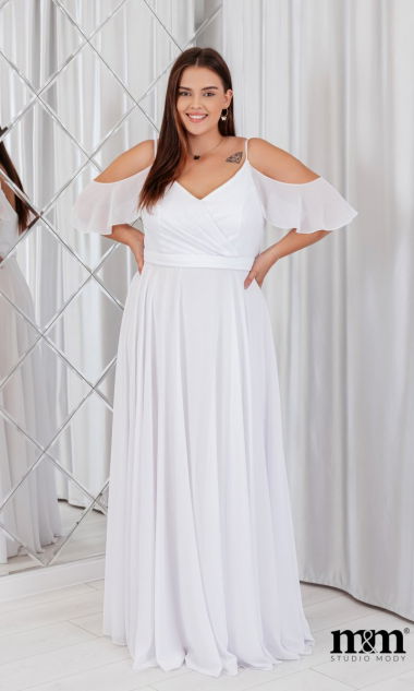 M&M - Biała zwiewna sukienka ślubna z opadającymi szyfonowymi rękawkami. Model: PW-7614 - Rozmiar: 36(S)