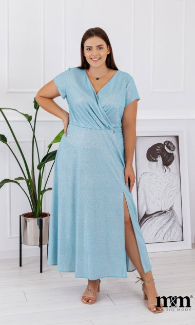 M&M - Brokatowa rozkloszowana sukienka maxi z krótkim rękawkiem w kolorze błekitnym. Model: GV-7610 - Rozmiar: 46(XXXL)