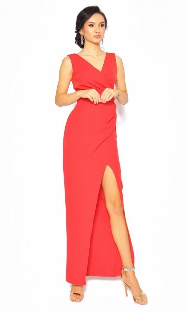M&M - Długa sukienka marszczona po boku w kolorze czerwonym. MODEL:KT-6387 - Rozmiar: 36(S)