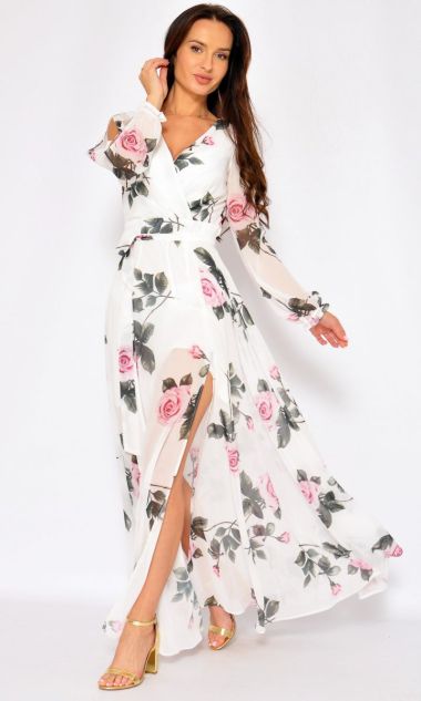 M&M - Długa zwiewna biała sukienka w róże z pasem. Model: KM-7427 - Rozmiar: 36(S)