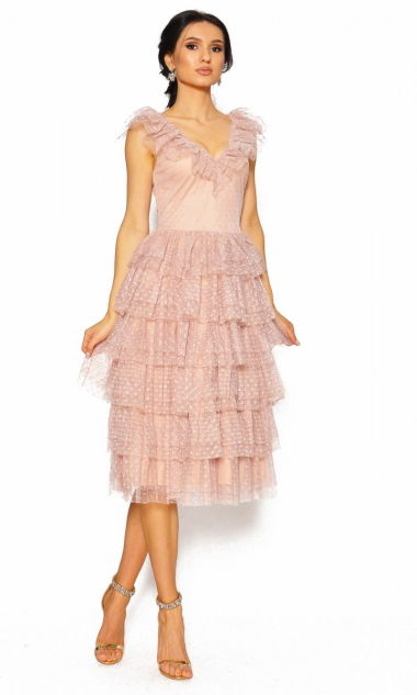 M&M - Delikatna sukienka midi z falbankami w beżowe groszki. Model: IP-6187 - Rozmiar: 36(S)