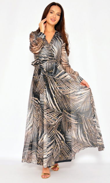 M&M - Elegancka sukienka maxi w wielokolorowy wzór (beżowo-czarna) z długim rękawem. MODEL: SR-7599 - Rozmiar: 38(M)