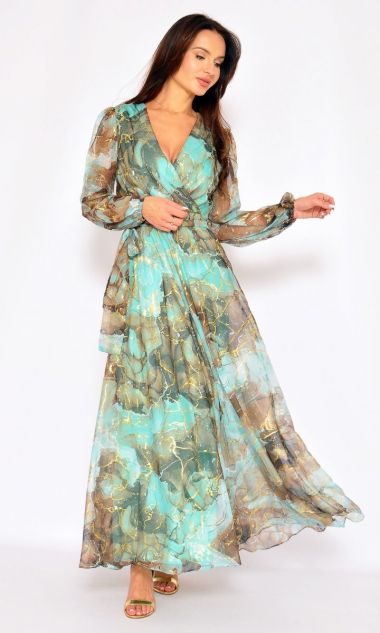 M&M - Elegancka sukienka maxi w wielokolorowy wzór (miętowo-beżowa) z długim rękawem. MODEL: SR-7560 - Rozmiar: 38(M)