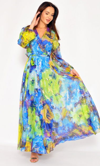 M&M - Elegancka sukienka maxi w wielokolorowy wzór (niebiesko-zielona z dodatkiem złota) z długim rękawem. MODEL:SR-7603 - Rozmiar: 36(S)