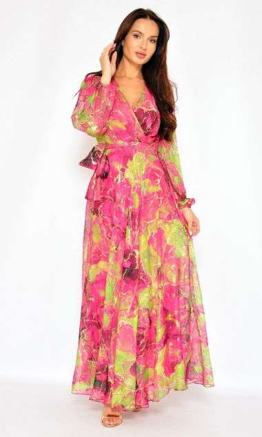 M&M - Elegancka sukienka maxi w wielokolorowy wzór (różowo-zielona z dodatkiem złota) z długim rękawem.MODEL:SR-7597 - Rozmiar: 38(M)