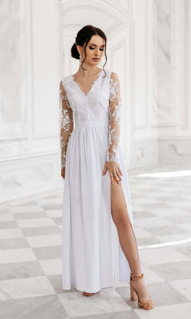 M&M - Niedroga suknia biała z długim koronkowym rękawem  Model: KM-6173 - Rozmiar: 36(S)
