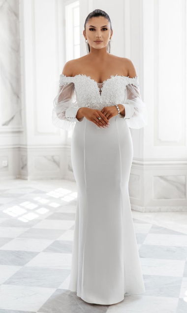 M&M - Nietuzinkowa suknia ślubna z bogato zdobionym dekoltem i tiulowymi rękawami. Model: PW- 7022 - Rozmiar: 34(XS)