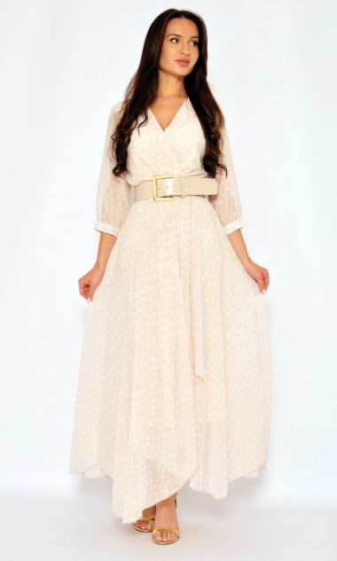 M&M - Sukienka maxi zwiewna w kolorze KREMOWYM w białe kropki. MODEL:M-7508 - Rozmiar: 36(S)