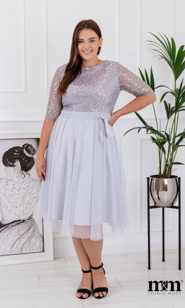 M&M - Sukienka midi koronkowo-cekinowa w kolorze szarym.MODEL:DN-7623 - Rozmiar: 36(S)