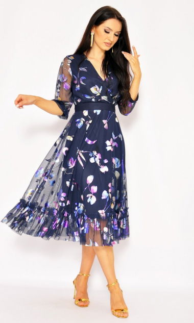 M&M - Sukienka midi w kolorze GRANATOWYM w kwiaty holo.MODEL:HI-7567 - Rozmiar: 36(S)