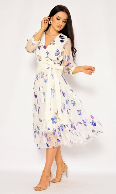 M&M - Sukienka midi w kolorze ecrii w kwiaty holo.MODEL:HI-7566 - Rozmiar: 36(S)