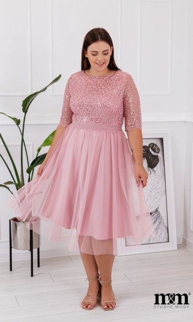 M&M - Sukienka midi z górą koronkowo-cekinową, rozkloszowana tiulowa w kolorze pudrowego różu. MODEL:DN-7703 - Rozmiar: 36(S)