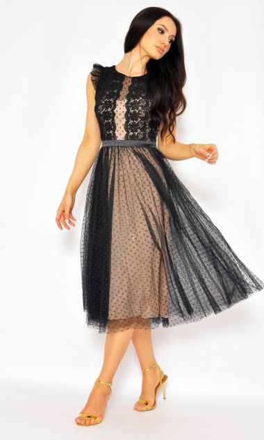 M&M - Sukienka midi z prostĄ spódnicą w kropeczki oraz koronkową górą w kolorze CZARNO-BEŻOWYM. MODEL:IP-7529 - Rozmiar: 36(S)