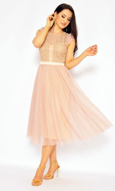 M&M - Sukienka midi z prostĄ spódnicą w kropeczki oraz koronkową górą w kolorze BEŻOWYM. MODEL:IP-7530 - Rozmiar: 36(S)