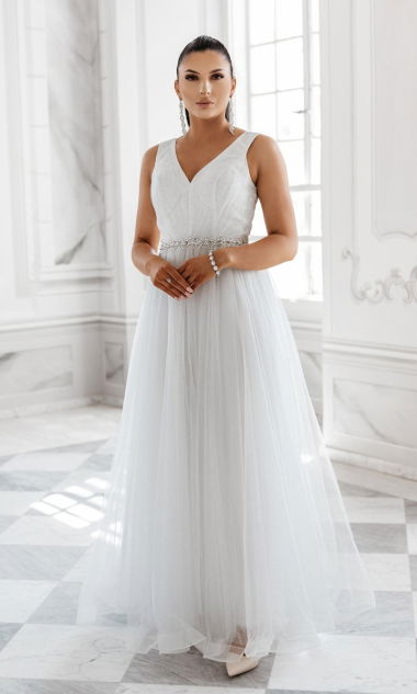 M&M - Tiulowa biała suknia ślubna na szerszym ramiączku. Model: IP-6181 - Rozmiar: 36(S)